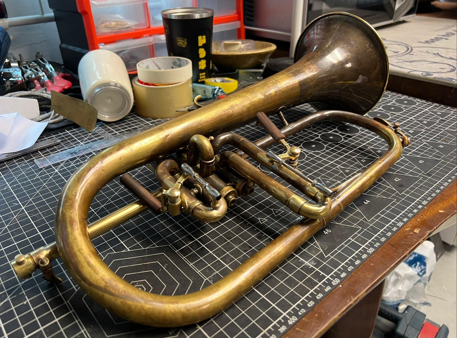 Flugelhorn on the repair bench at Infinite Music Works